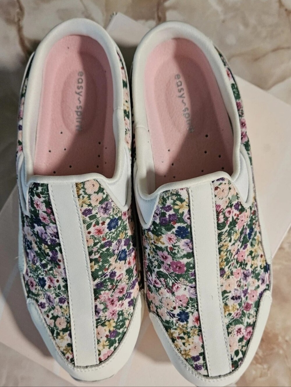 Easy Spirit Traveltime White Floral Slides Mules Clogs Sneakers 7.5 Wide New